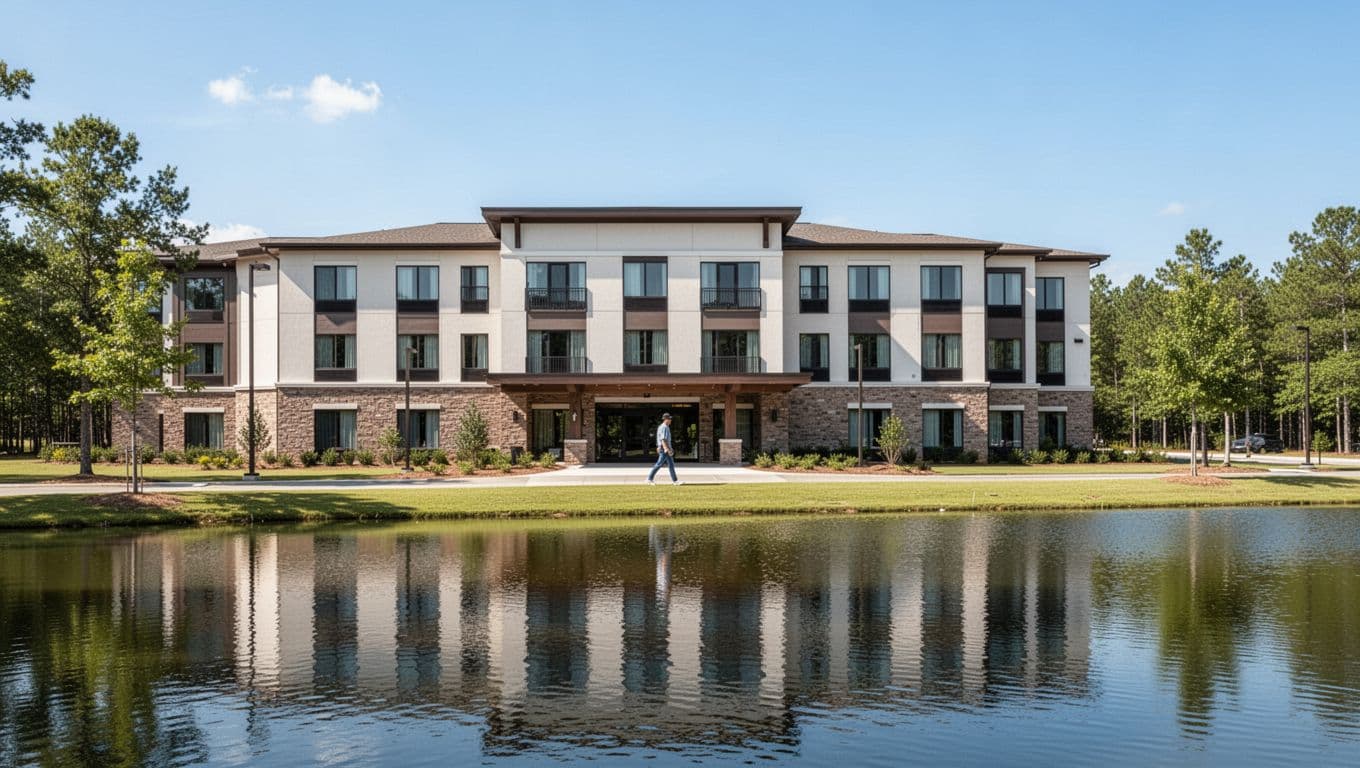 Modern hotel exterior near a lake with one person and a headline band above.