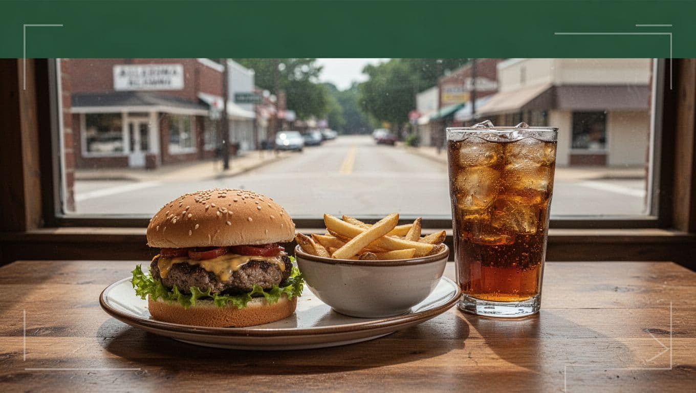 A burger, bowl, and iced tea on a wooden table by a window.