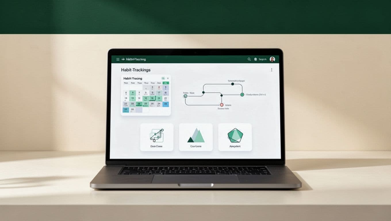 Laptop dashboard with a calendar and connected app tiles in a green and cream workspace.