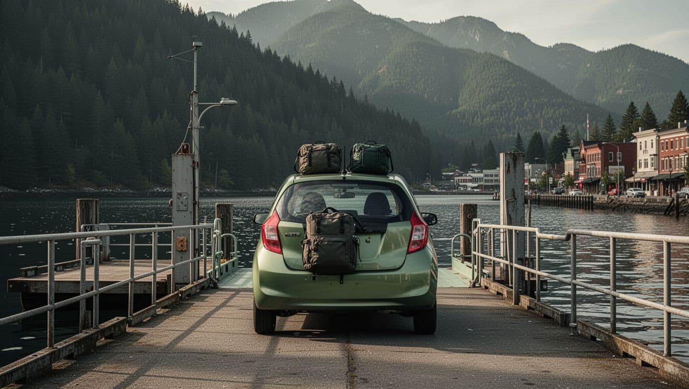 A rental car and two bags near the Haines ferry-terminal approach.