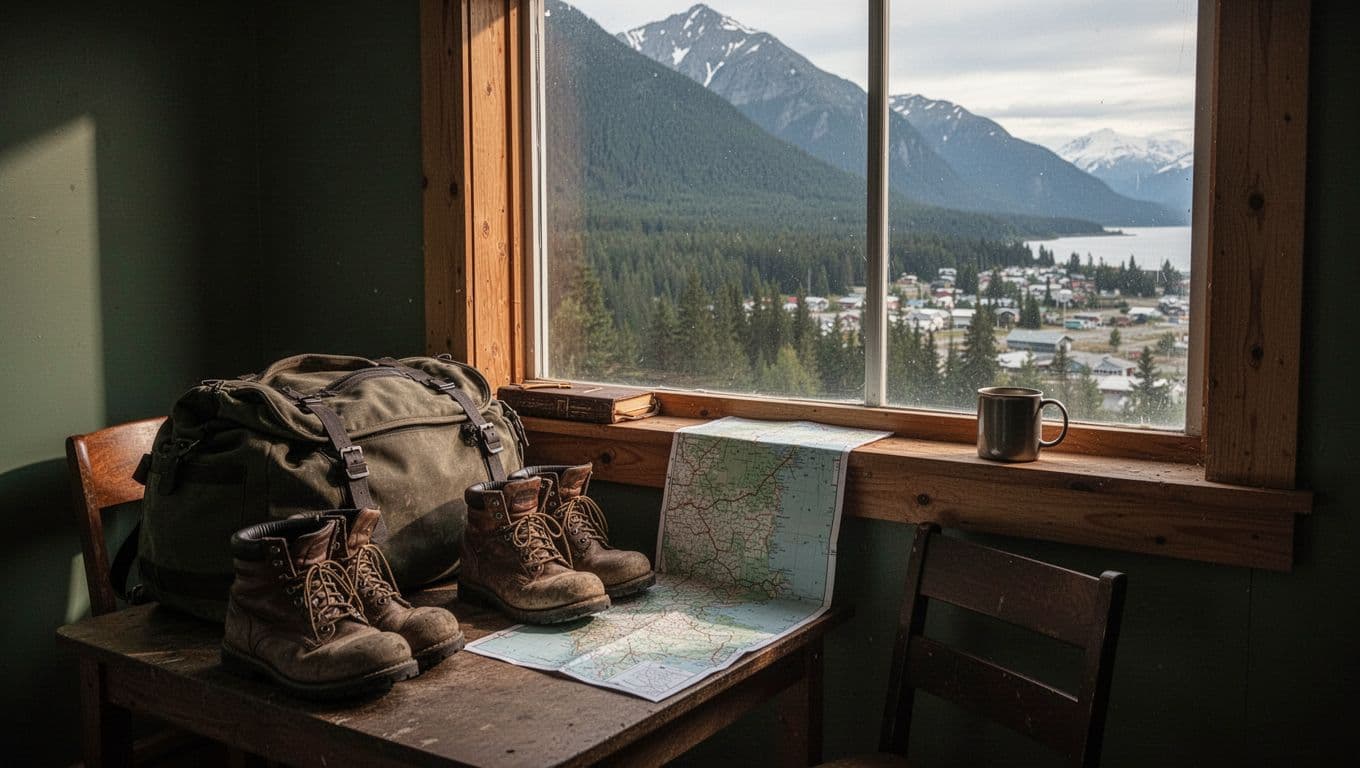 A cozy Haines room with travel gear and a mountain view.