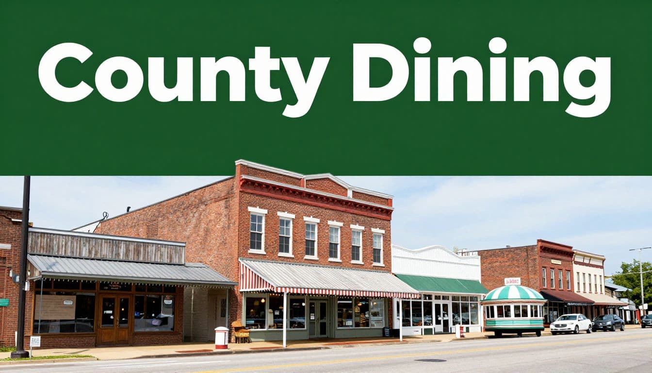 Hamburg Main Street storefronts and diners beneath a County Dining banner.