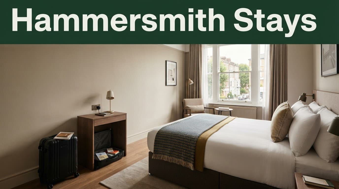 A tidy Hammersmith hotel room with a bed, suitcase, desk, and street view.
