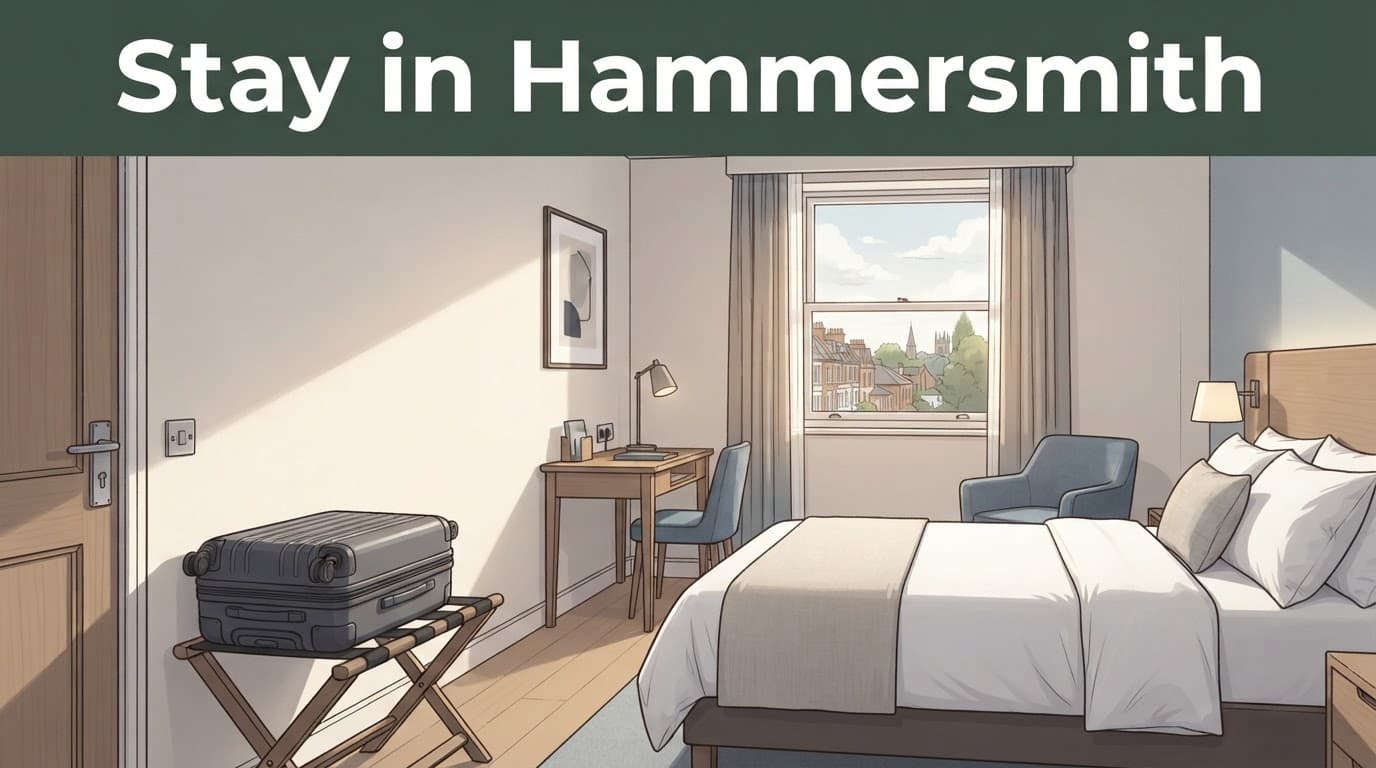 A hotel room with a suitcase by the door and a west London view.