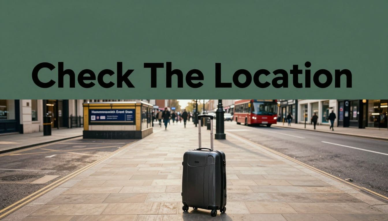 A suitcase beside a quiet Hammersmith pavement near a Tube entrance.