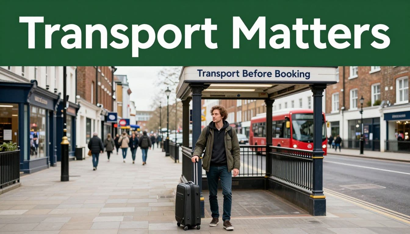 Traveler with a suitcase near a London Tube station and red bus.
