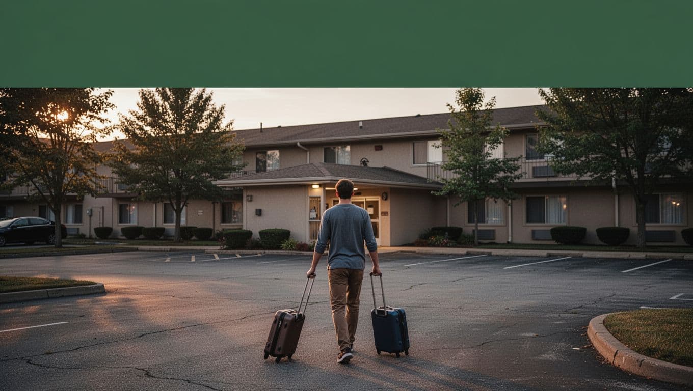 A traveler with one suitcase approaches a roadside hotel at dusk.