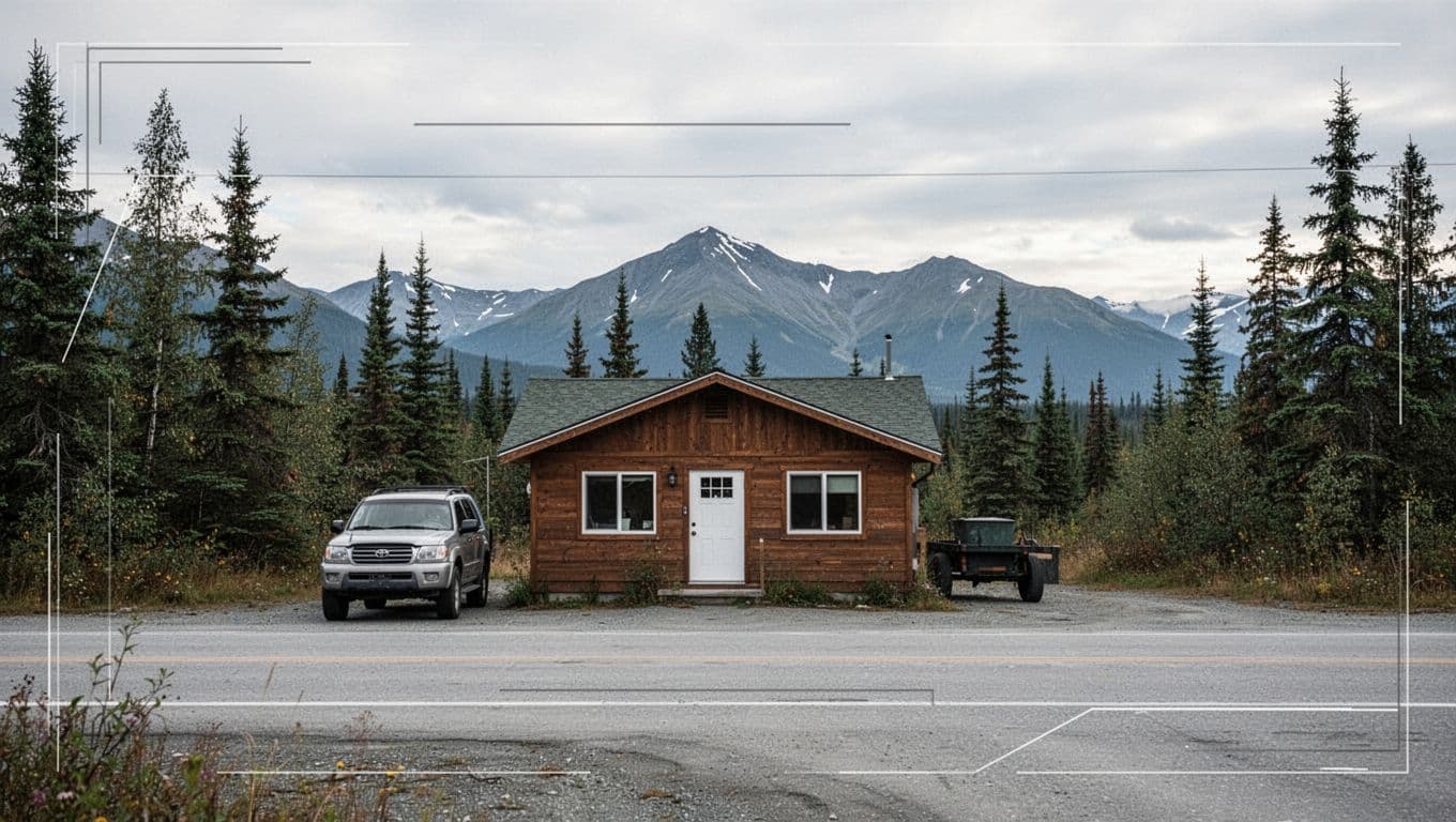 A small cabin with one vehicle beside an Alaska road and mountains.