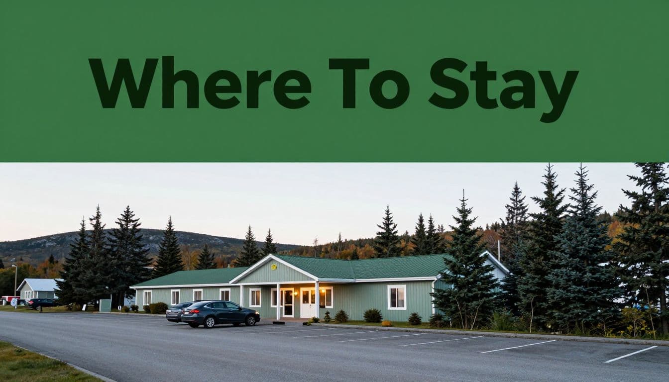 A roadside hotel with two parked cars, spruce trees, and a traveler arriving at dusk.