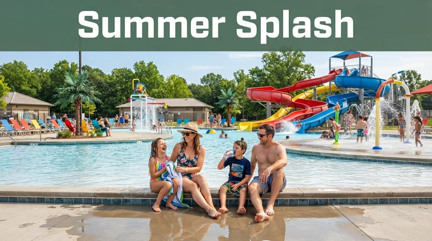 Two adults and two children relax beside a shallow pool with colorful water slides.