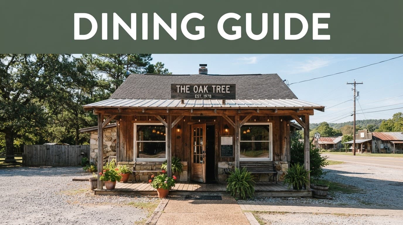 Rustic restaurant exterior with a dark-green Dining Guide banner.
