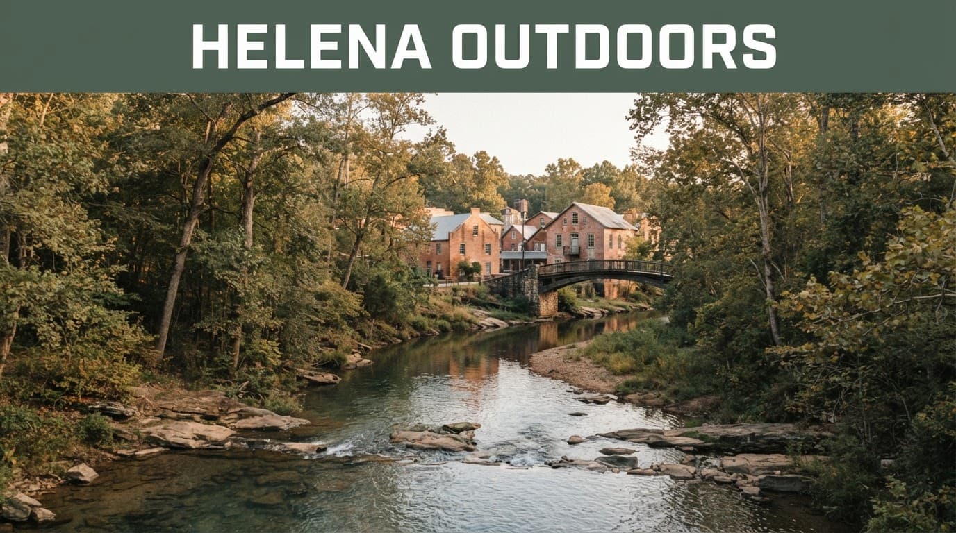 A wooded creek leads toward a historic bridge and red-brick buildings in Helena, Alabama.