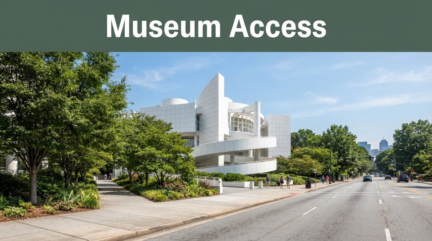 White High Museum building beside a tree-lined sidewalk with distant visitors.