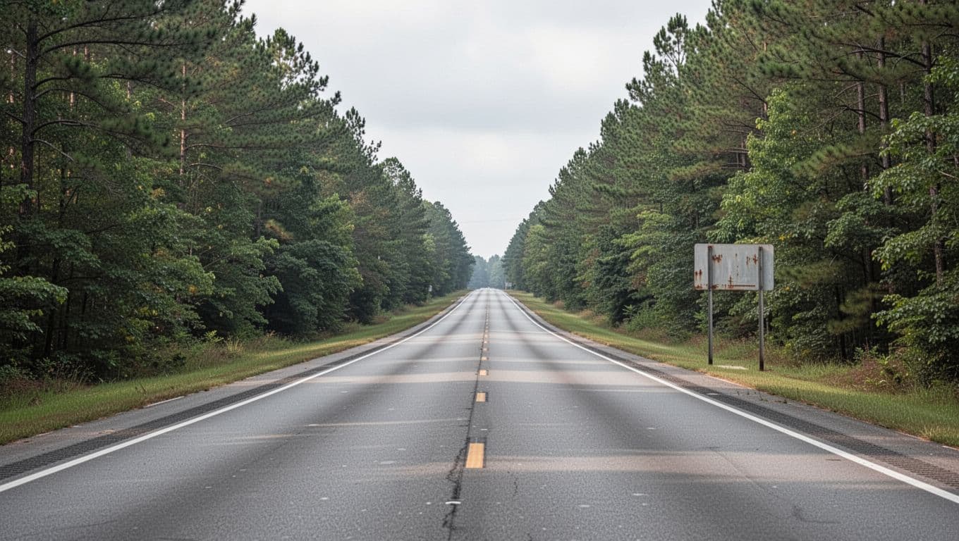 Highway 72 roadway passing green trees beneath an overcast sky.
