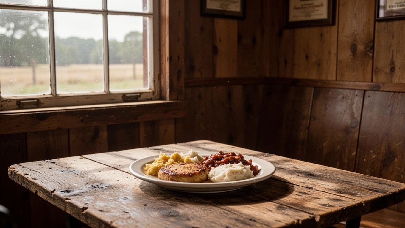 A plate of Southern comfort food on a wooden table in a rustic Arkansas restaurant.