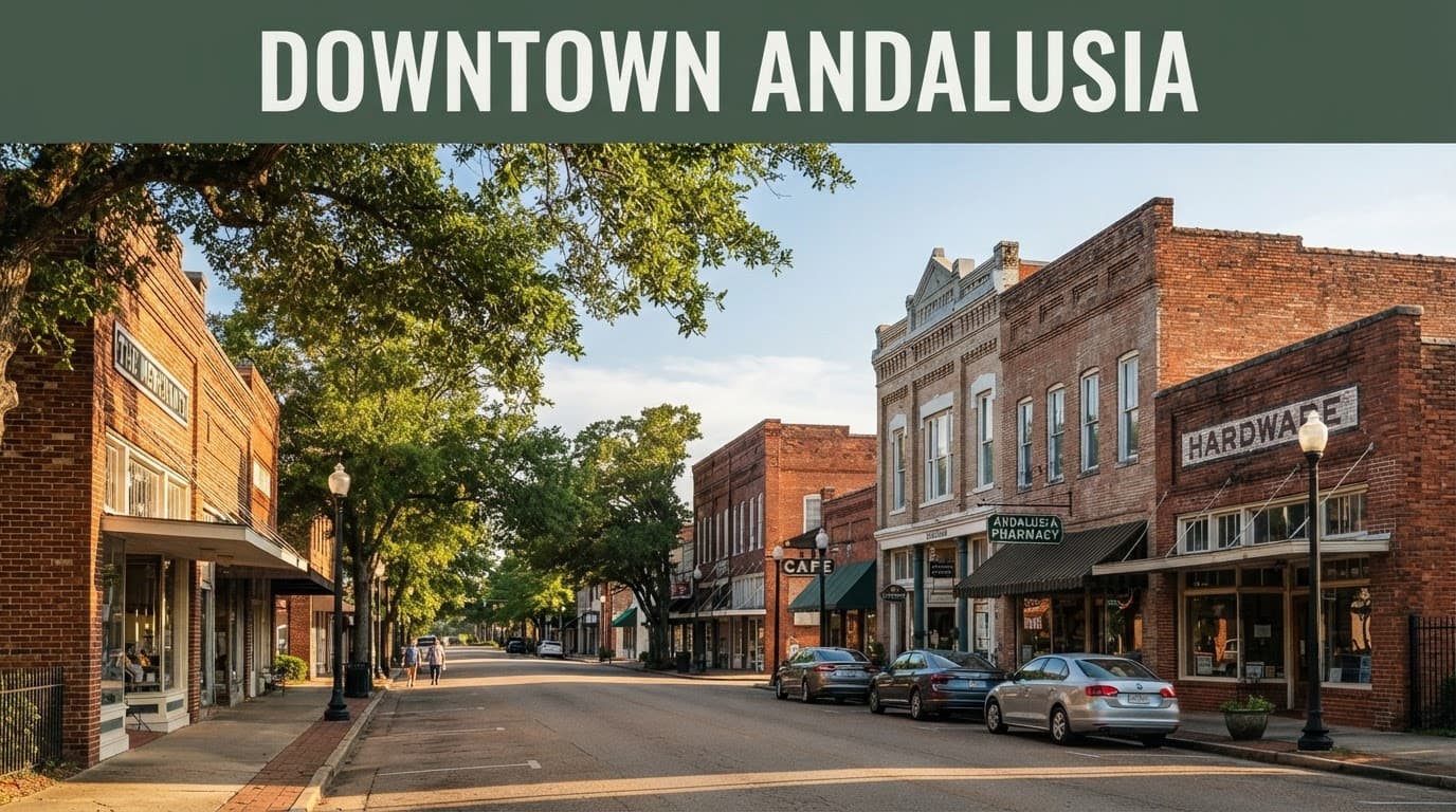 Historic Andalusia street with brick storefronts, trees, and a green headline band.