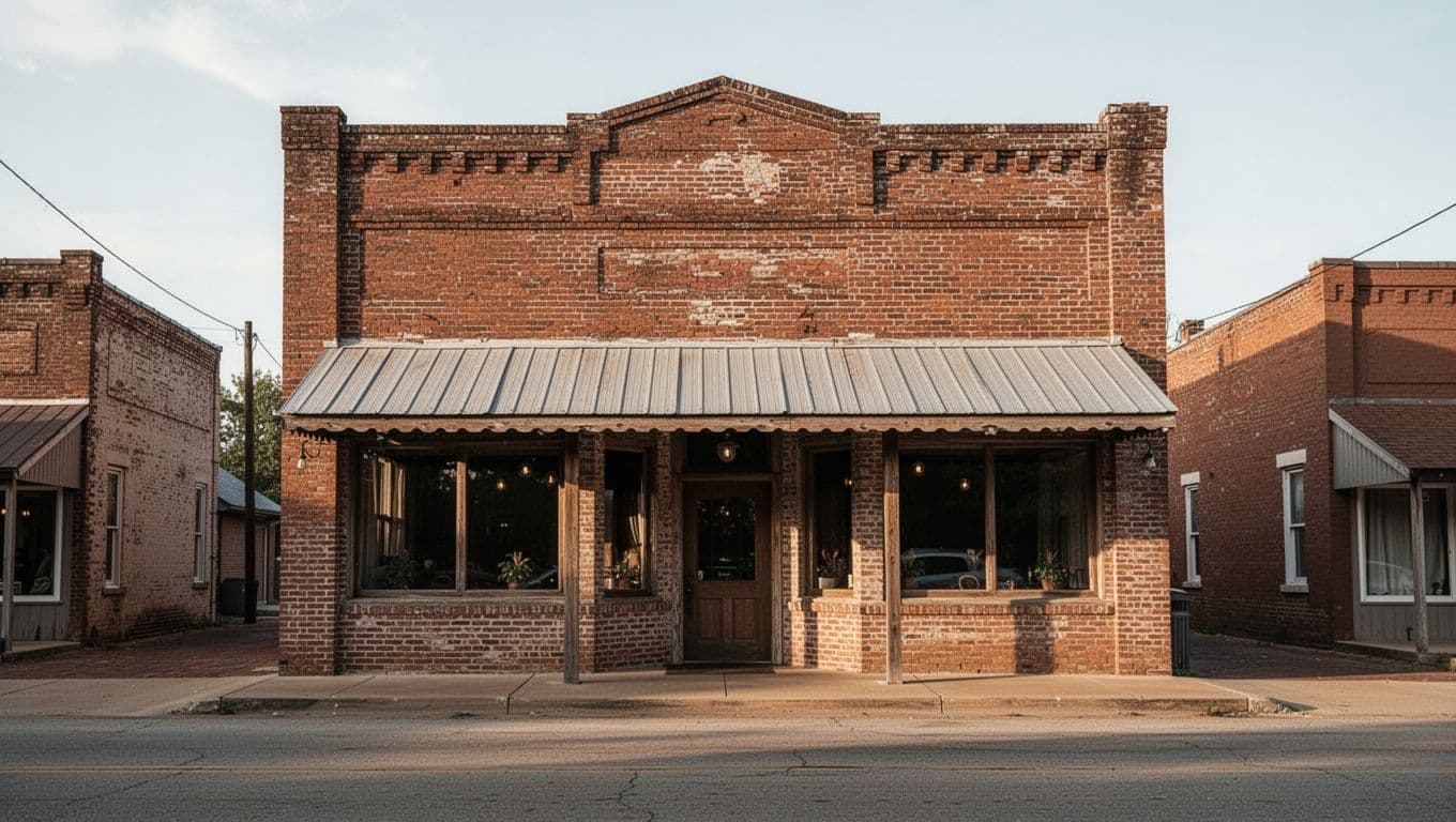 Historic brick restaurant facade in Arkansas with a dark green banner and dining headline.