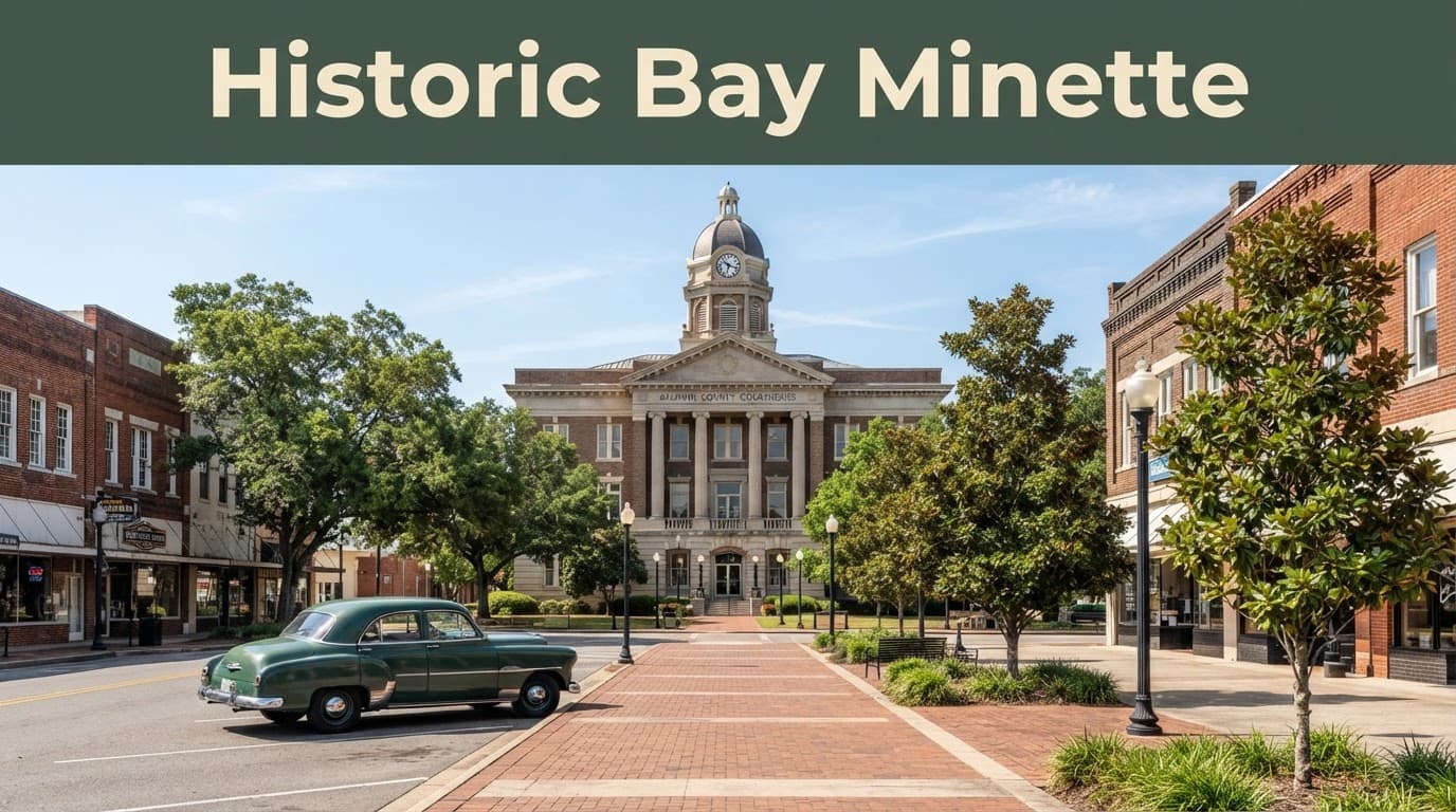 Historic courthouse with trees, sidewalks, and a vintage car.