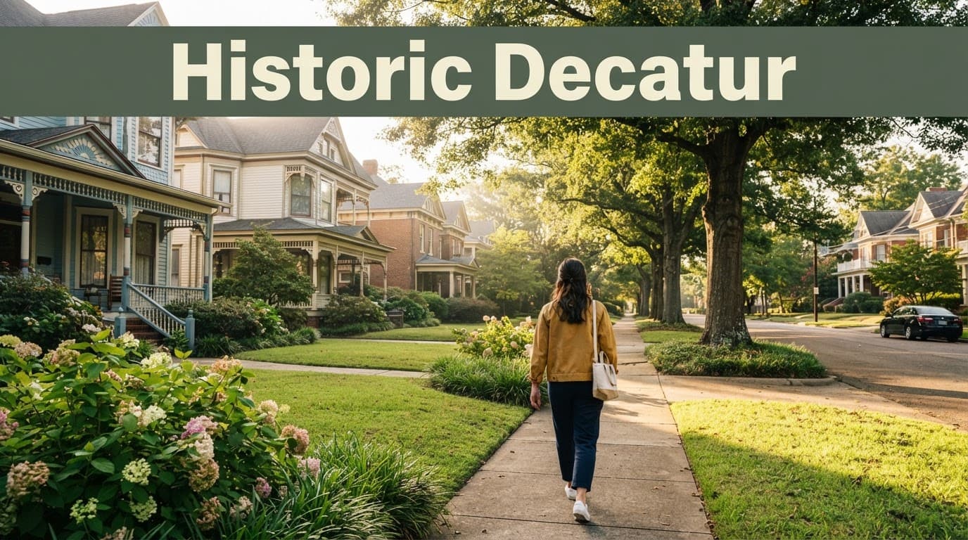 A visitor walks through a tree-lined Decatur neighborhood with Victorian homes.
