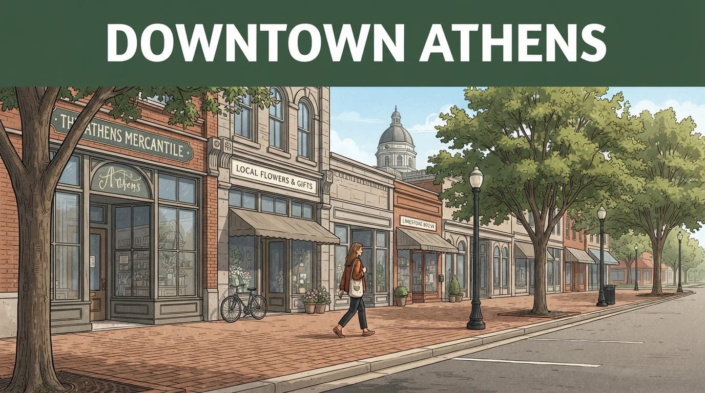 One visitor walks beside historic storefronts on a brick sidewalk in downtown Athens, Alabama.
