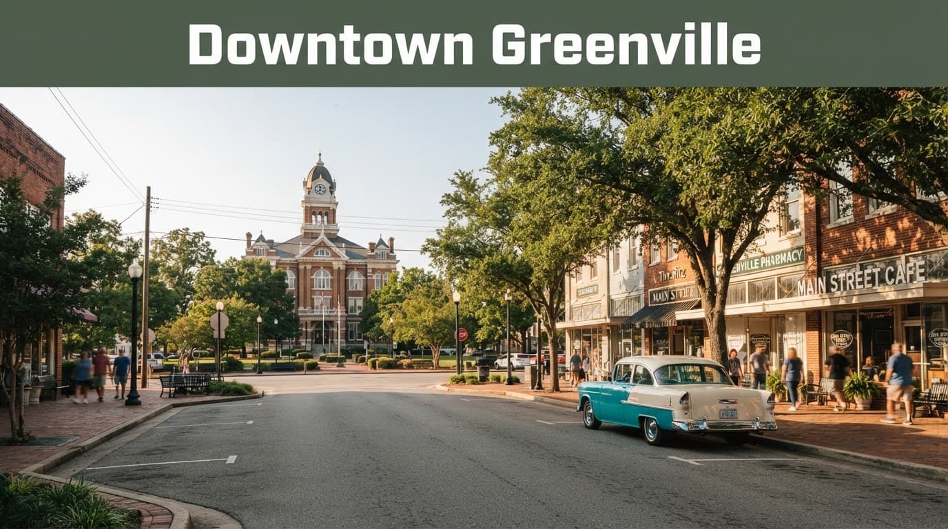 Historic Greenville streets with brick storefronts, Southern trees, and a parked classic car.