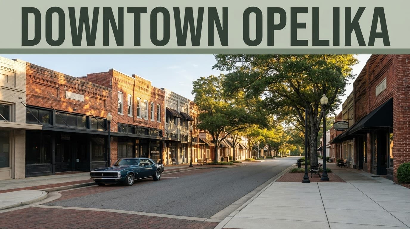 Historic brick storefronts and one parked vintage-style car line a quiet Opelika street.