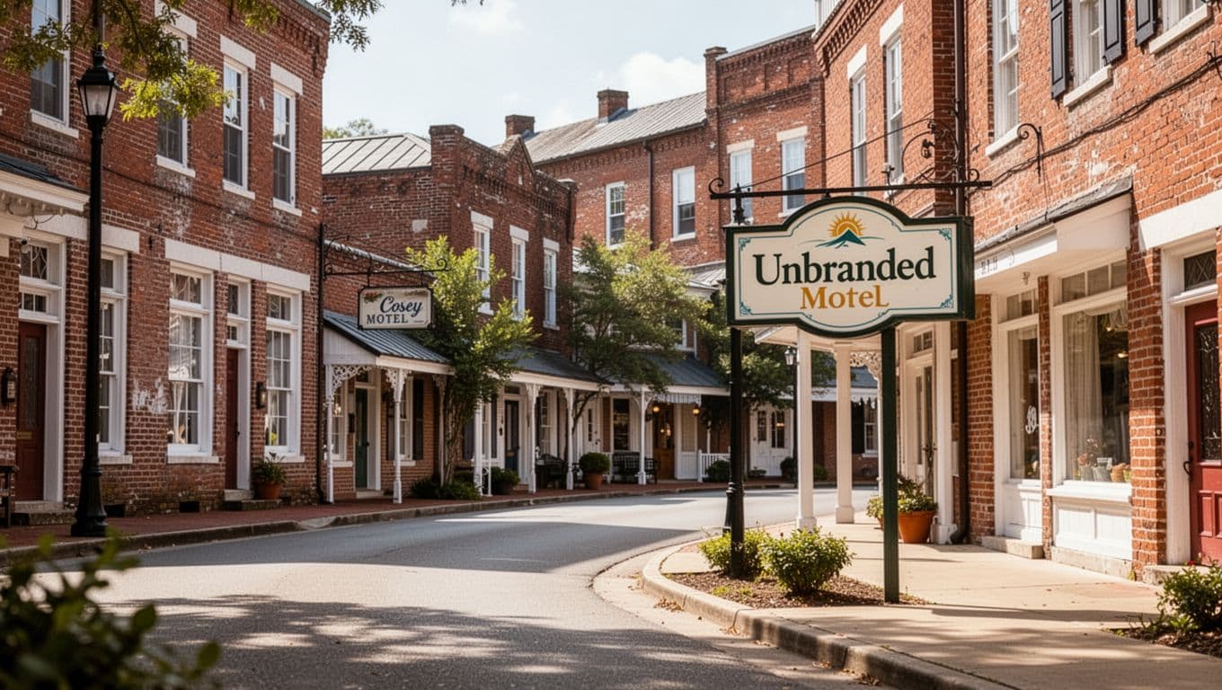 Quiet southern street with brick buildings and a small motel sign.