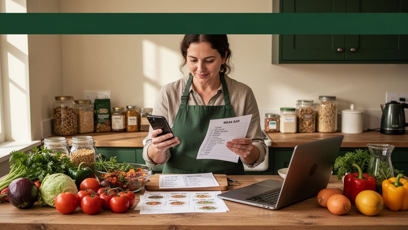 A cook plans meals with vegetables, a grocery list, phone, and laptop on a kitchen counter.