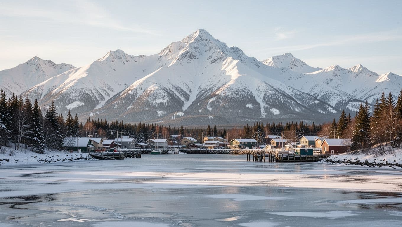 Snowy mountains and a quiet coastal town in Homer, Alaska beneath a headline banner.