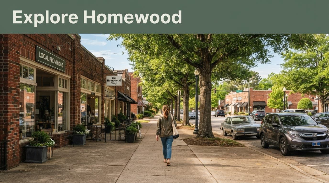 One pedestrian walks beside shaded shops and mature trees in downtown Homewood.