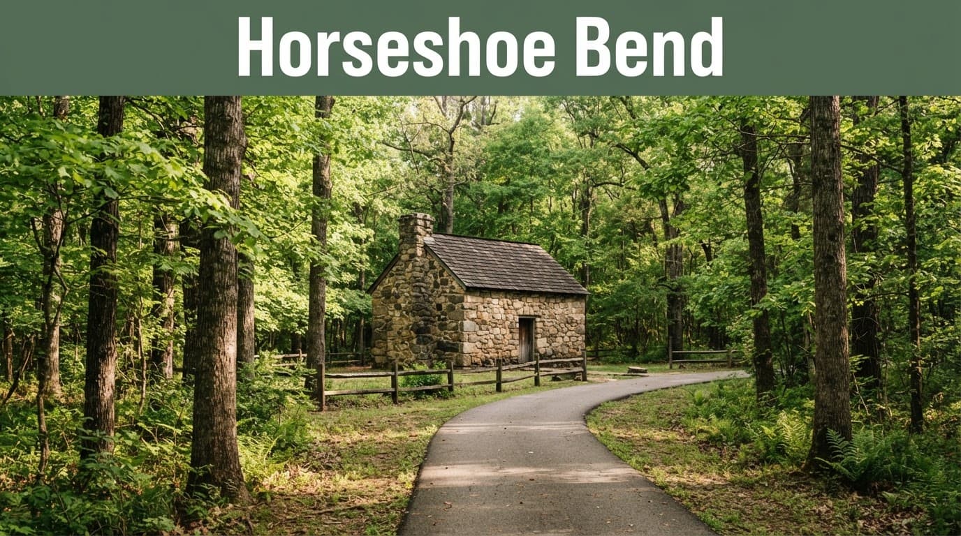 A paved trail leads to a historic stone building among green trees.
