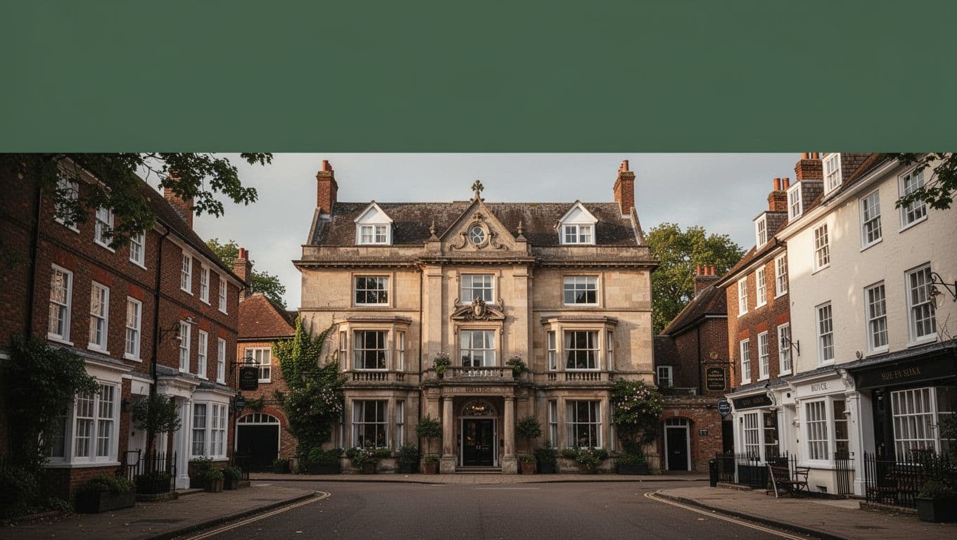 Historic hotel on a leafy Horsham street beneath a dark-green headline band.
