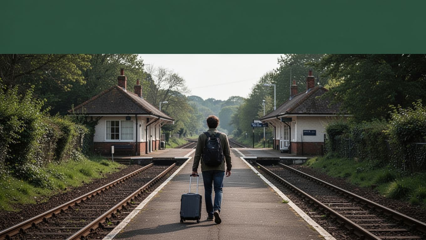 A traveler with one suitcase walks toward Horsham station beneath a green Getting Around banner.