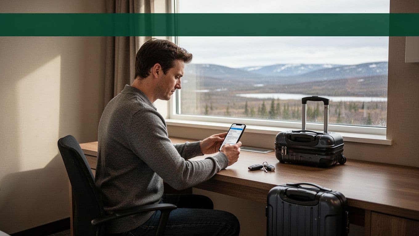 A hotel guest reviews a phone beside a suitcase and car keys.