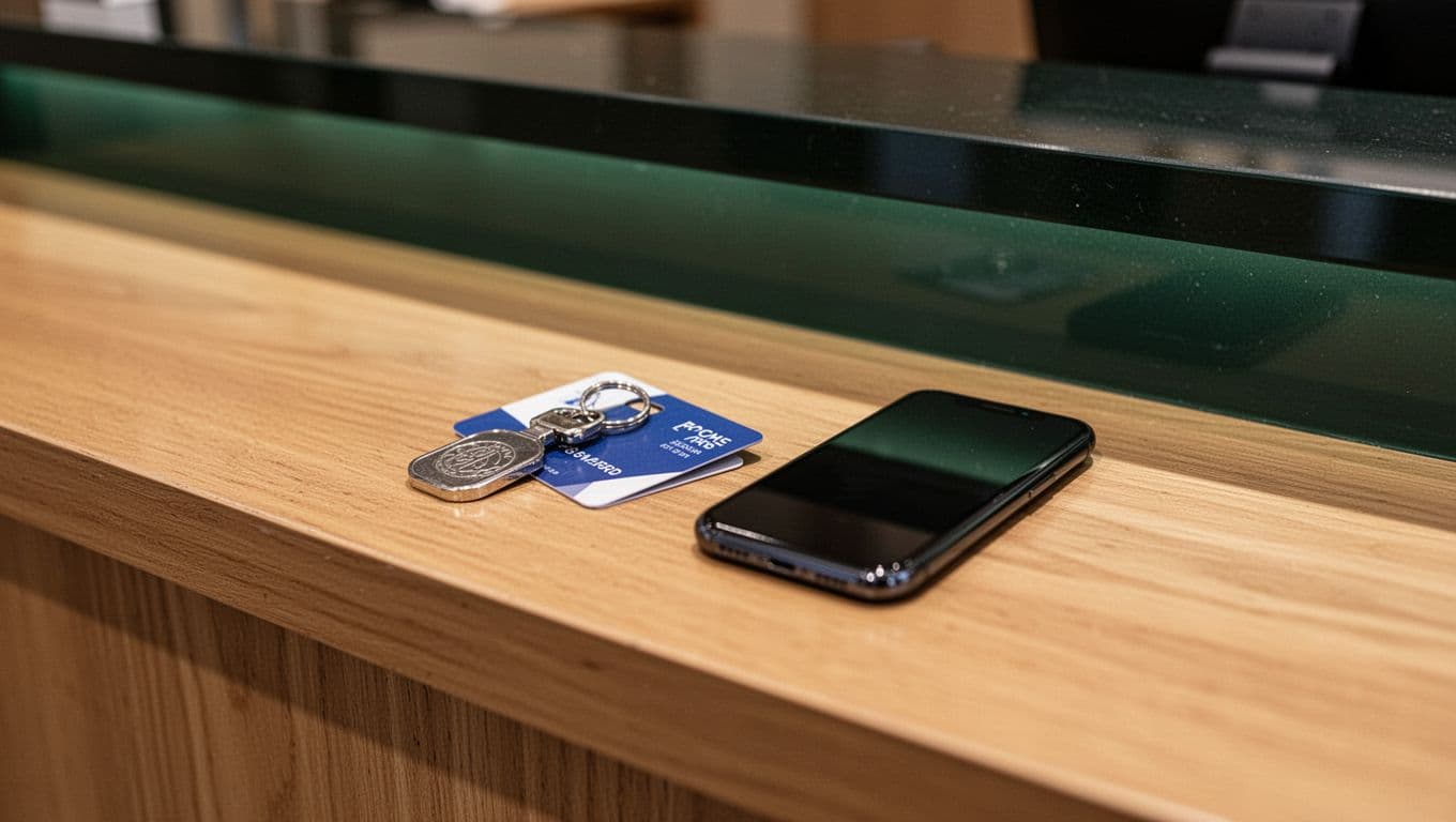Hotel counter with a room key card and smartphone beneath a Check In banner.