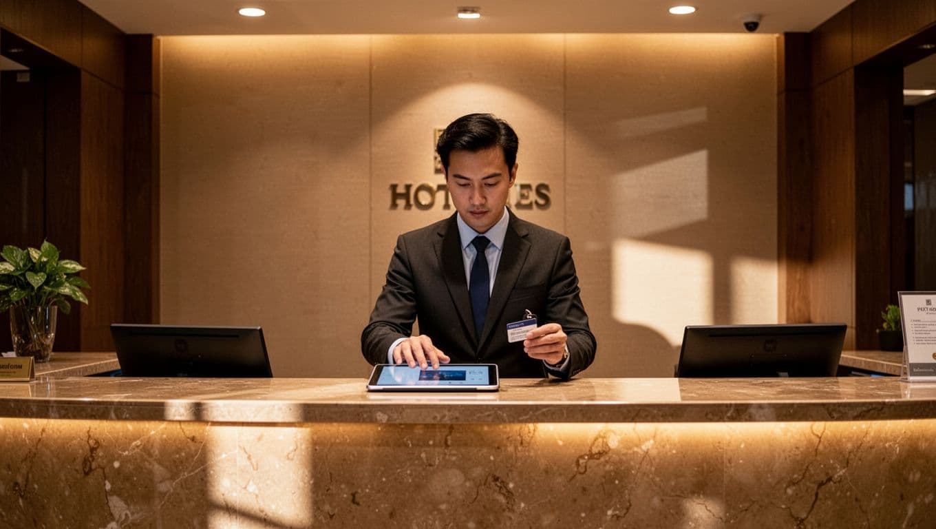 A hotel attendant stands behind a counter with a tablet and room key card.