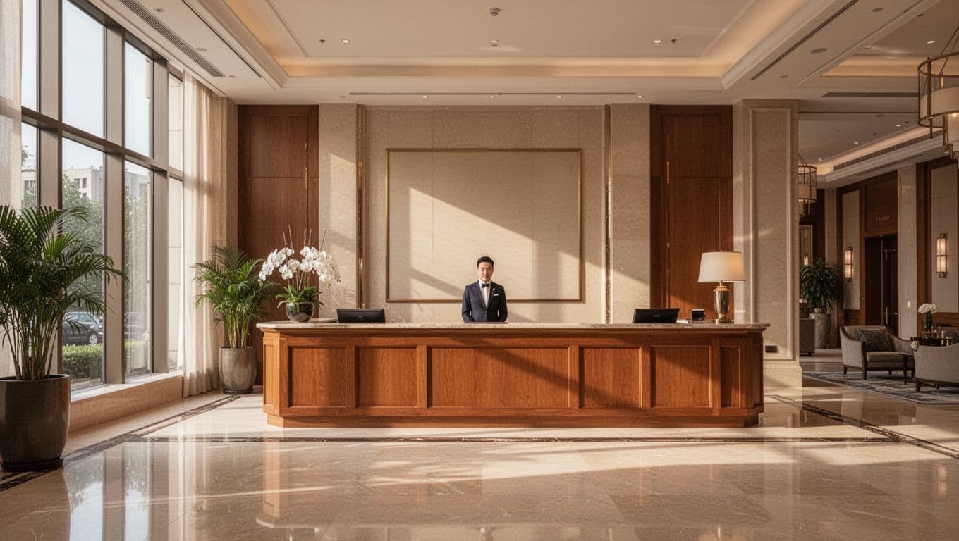 Bright hotel lobby with a wooden reception desk, one staff member, and a green Hotel Deals banner.