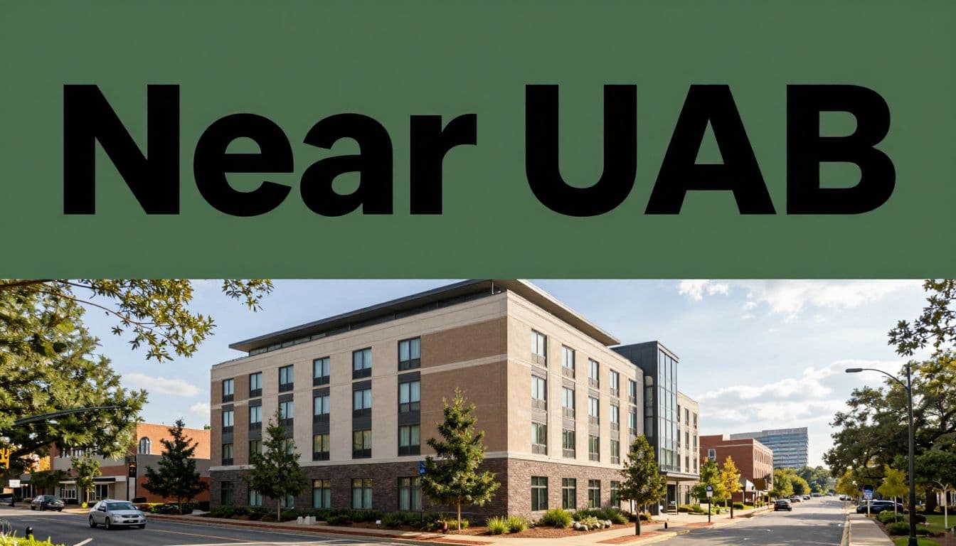 A modern hotel on a tree-lined Birmingham street near the UAB campus.