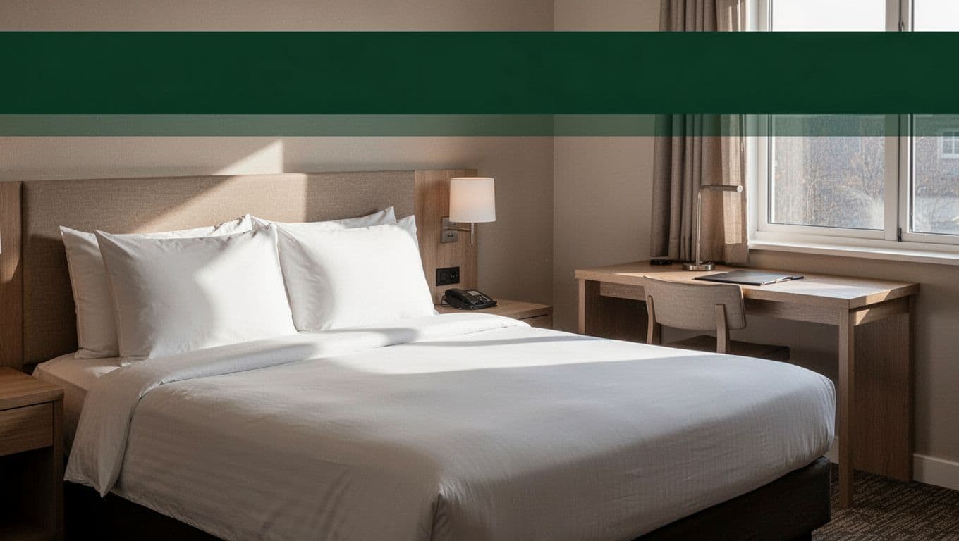A tidy hotel room with a made bed, desk, and dark-green ROOM GUIDE banner.
