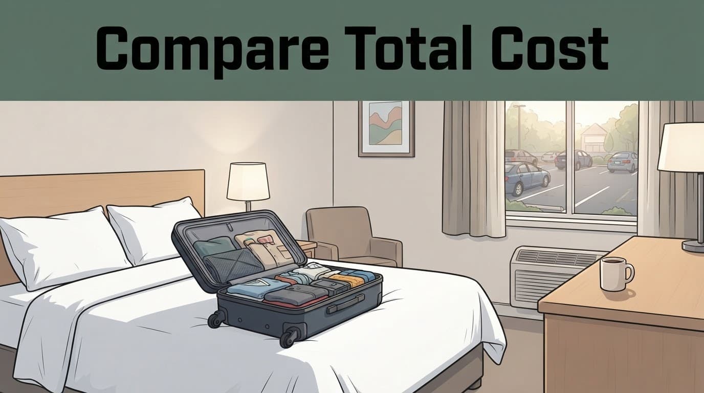 An open suitcase on a hotel bed with a desk, coffee, and parking outside.