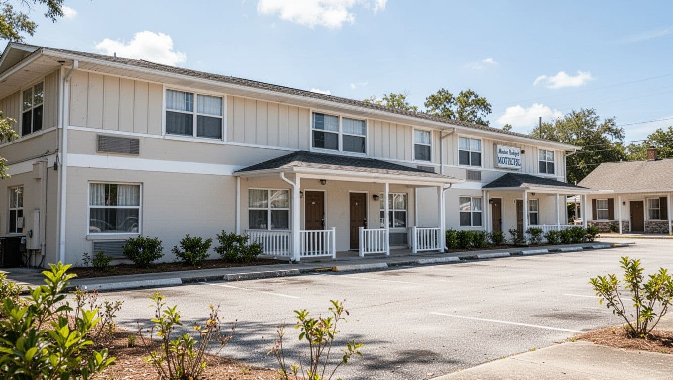 A modest low-rise motel with covered walkways and trimmed grass on a sunny day.