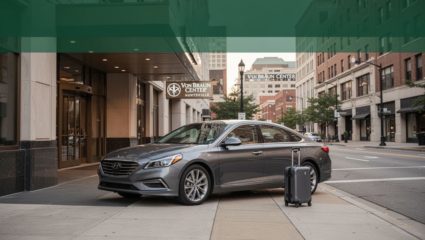 A sedan and suitcase outside a downtown Huntsville hotel near the convention center.