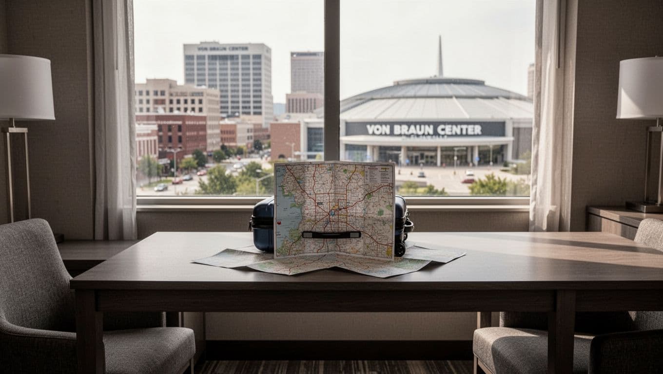 A suitcase and city map sit on a hotel table overlooking downtown Huntsville.