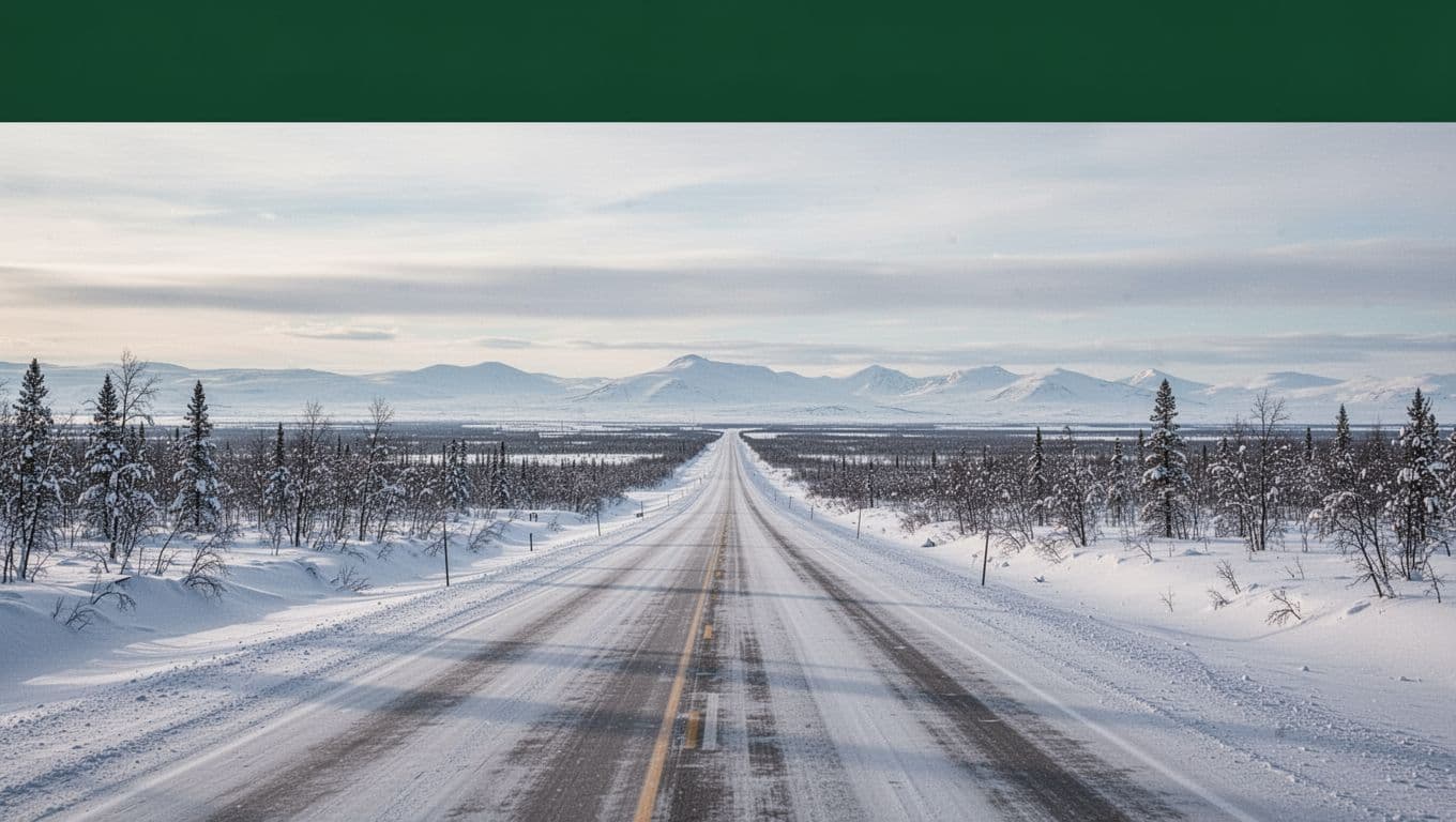 Snowy highway leading toward the horizon beneath a dark green Travel Route banner.