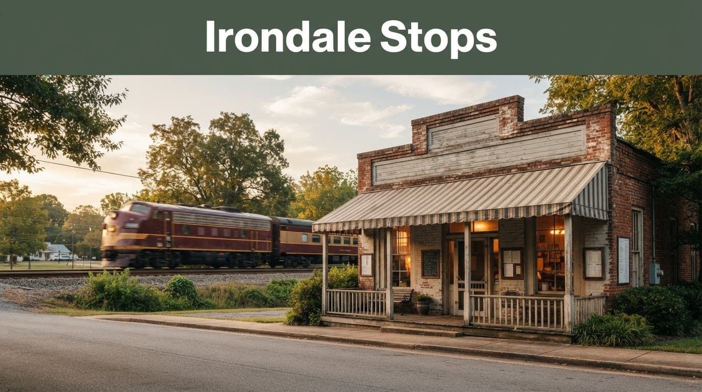 Historic cafe with a vintage train passing behind it on a leafy street.