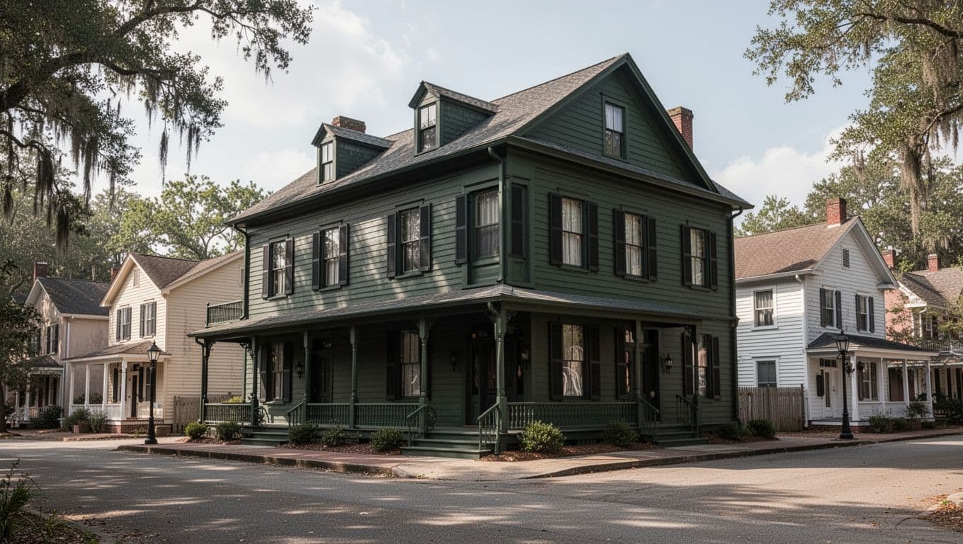 A southern lodging building with a green Jackson Hotels banner in daylight.