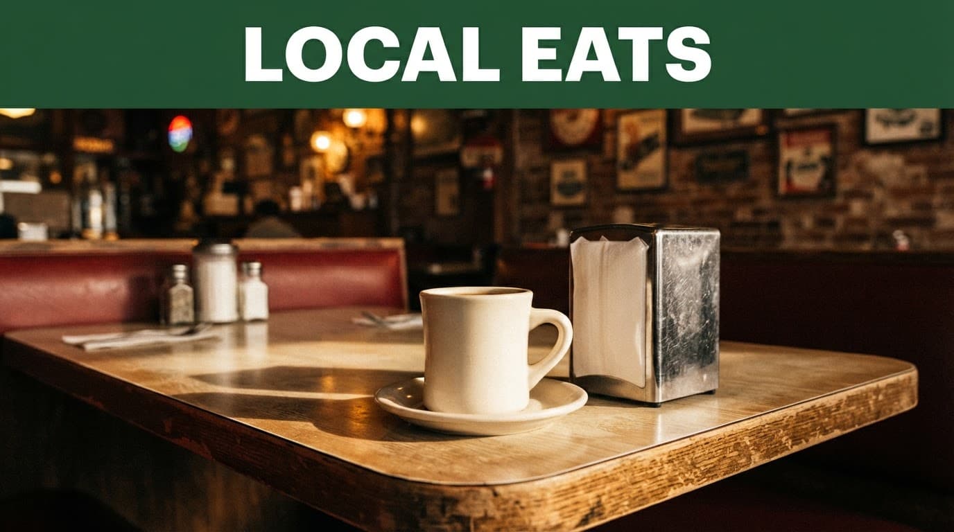 A coffee mug and napkin dispenser on a diner table beneath a green headline band.