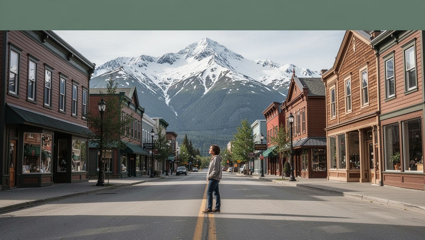 Downtown Juneau street with mountains, one person, and a green Downtown Stays banner.
