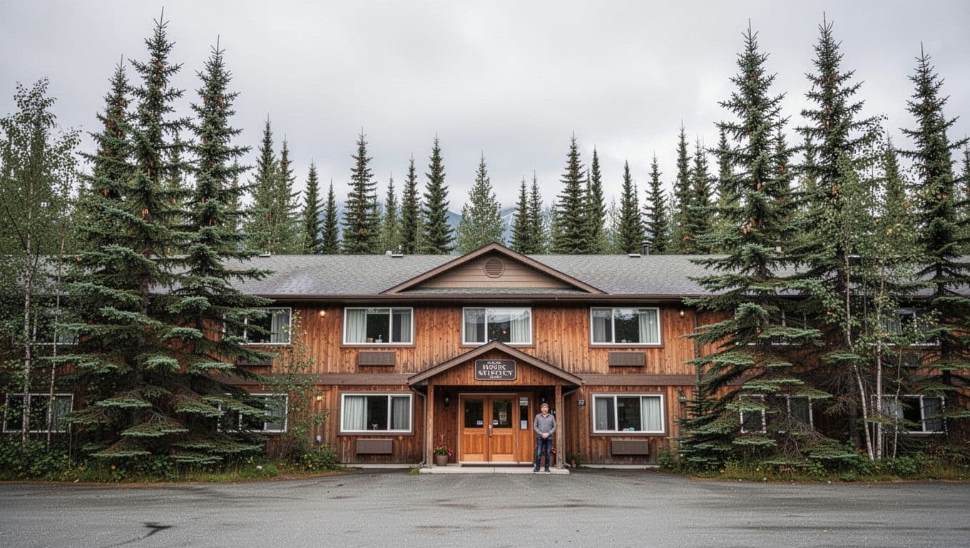 Budget hotel in Kenai among spruce trees, with one person outside and a green headline band above.