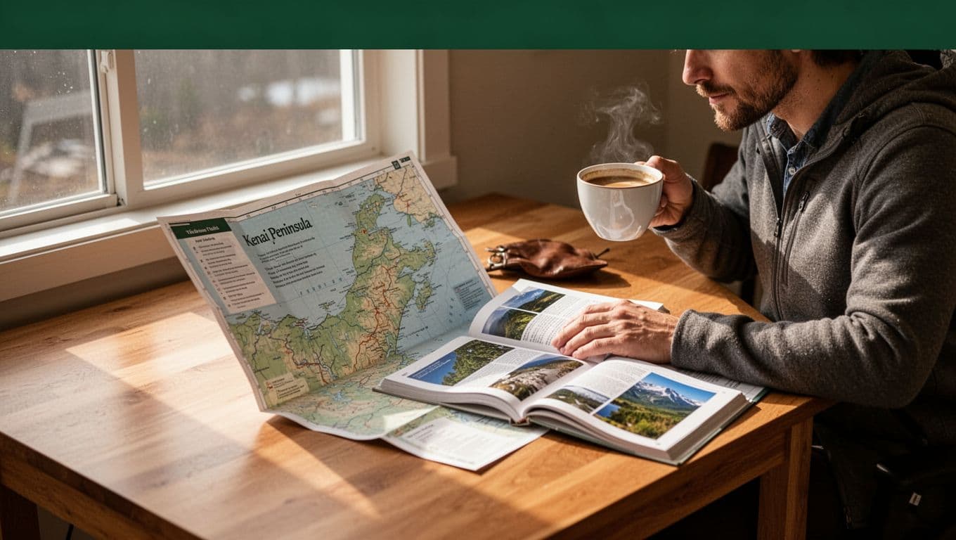 A Kenai Peninsula map, guidebook, and coffee sit beneath a Travel Planning banner.